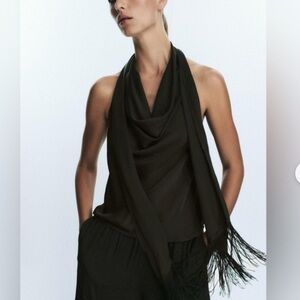 Zara NWT flowy satin effect top with fringe scarf 1165/269
